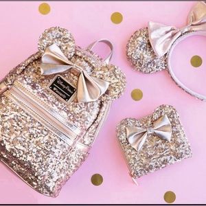 LOUNGEFLY DISNEY PARKS MINNIE MOUSE SEQUIN ROSE GOLD 3pc SET (PRE-FUNKO)